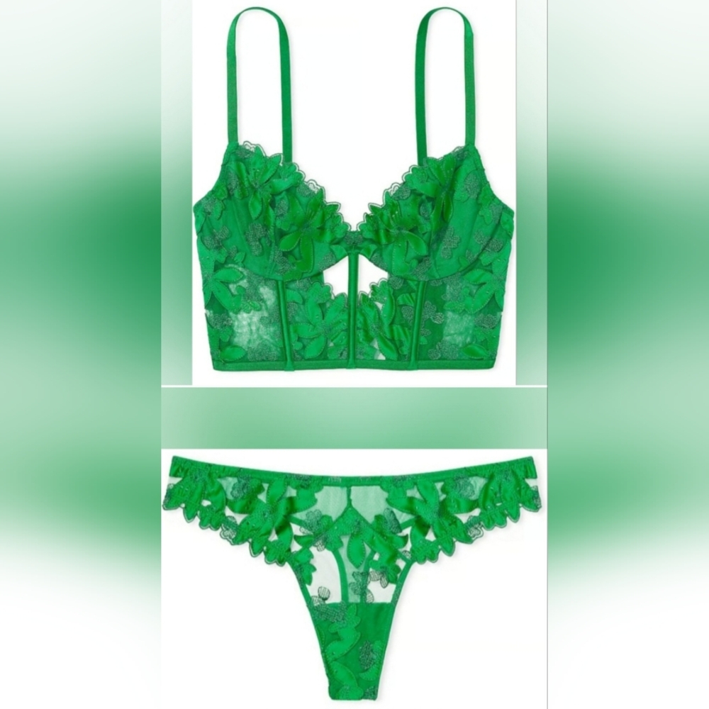 L/L VS Embroidery Corset Thong Panty Set Green